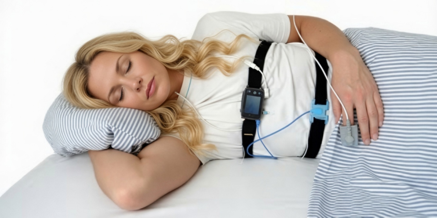 Donna che effettua una polisonnografia domiciliare con dispositivo portatile per la diagnosi di apnea ostruttiva del sonno (OSAS)